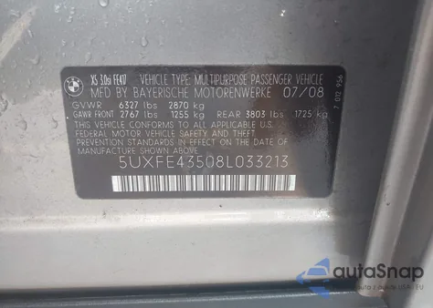 2008 BMW X5 3.0Si from USA, damaged, VIN 5UXFE43508L033213